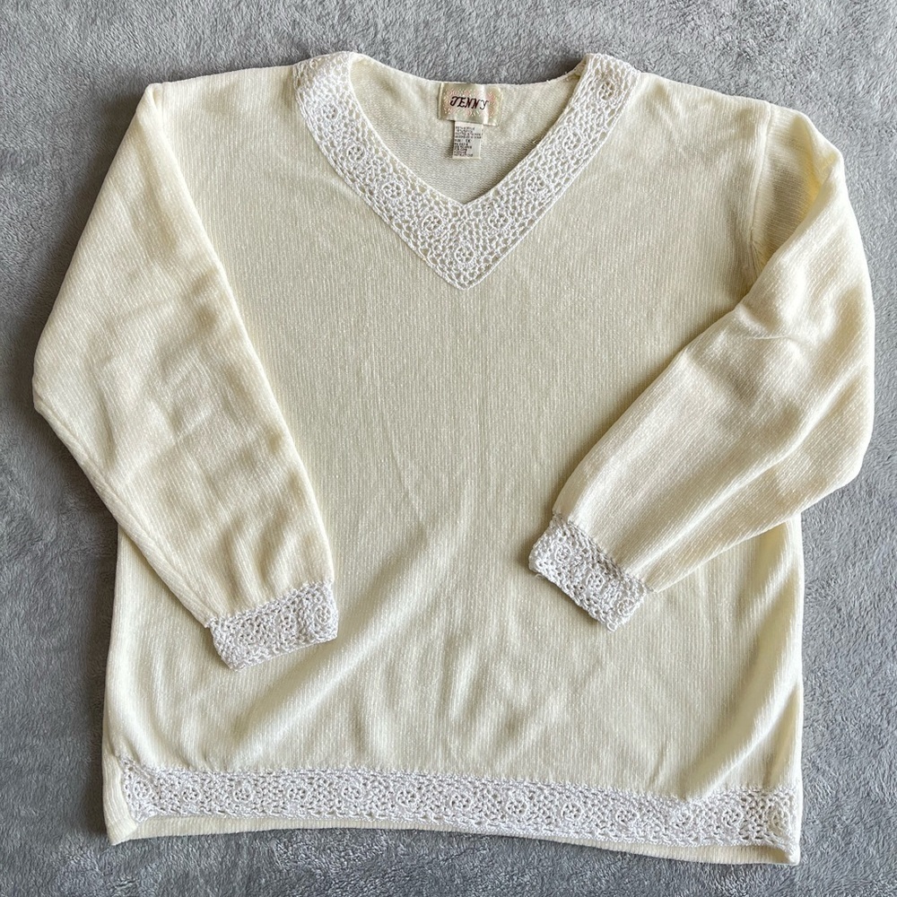 Jenny Vintage Floral Knit Sweater Off White 1X